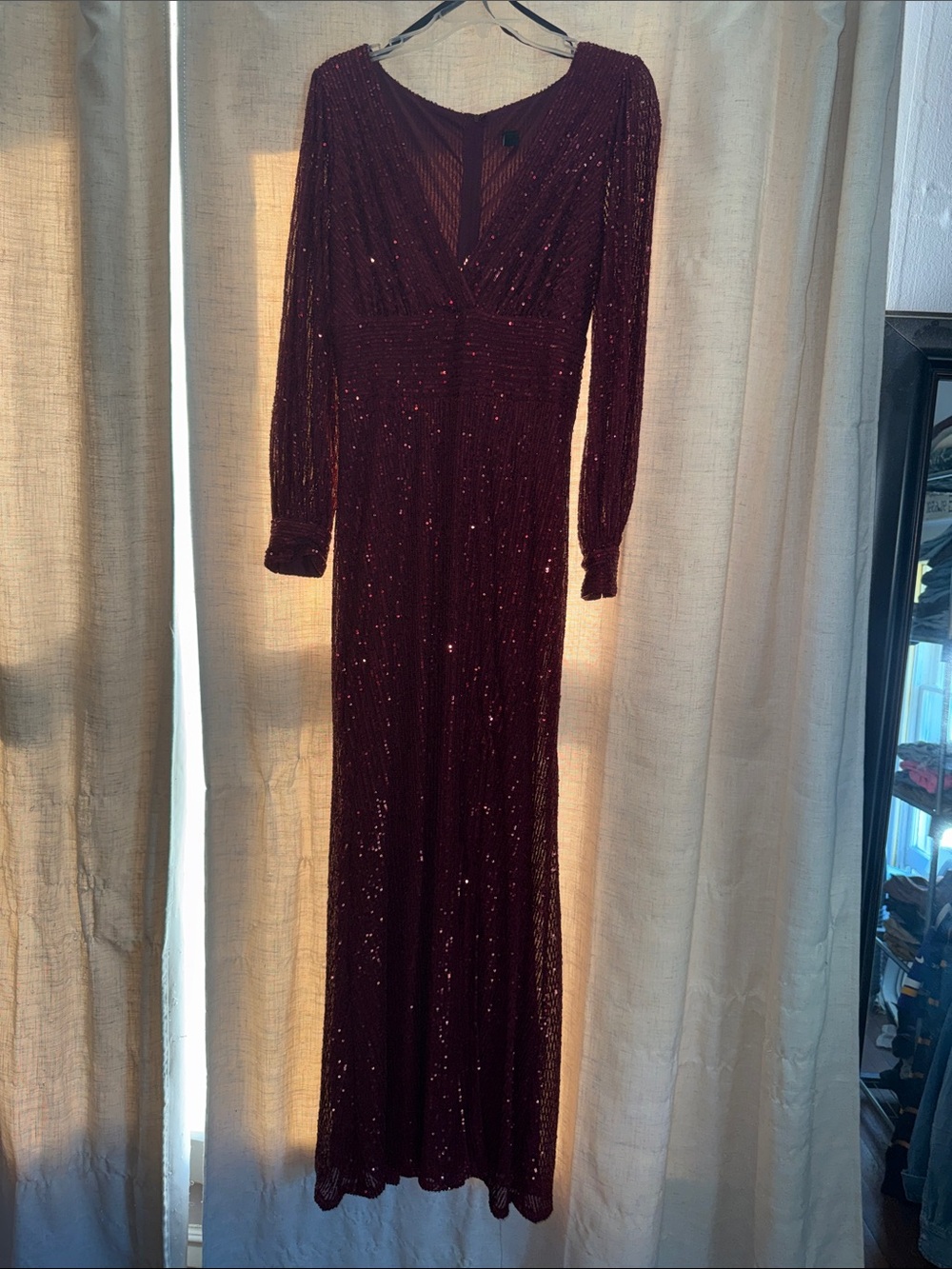 Windsor Long-Sleeve Sequin Gown in Burgundy